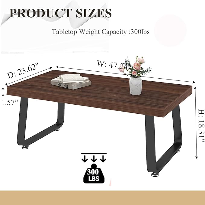 HSH Rustic Walnut Coffee Table, Modern Center Table, Rectangle Industrial Living Room Coffee Table, Simple Farmhouse Wood and Metal Tea Table for Home Bedroom Office, Walnut, 47 in
