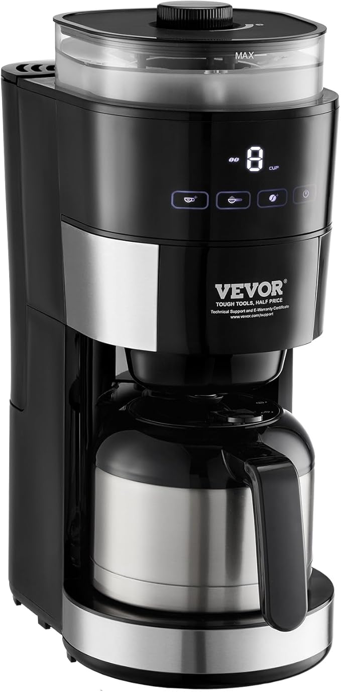 VEVOR Coffee Maker with Grinder, 8 Cup Programmable Coffee Machine, Grind and Brew Coffee Maker with 3 Brew Strength Control, Reusable Filter, Removable Water Tank, for Home Office Restaurant