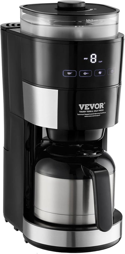 VEVOR Coffee Maker with Grinder, 8 Cup Programmable Coffee Machine, Grind and Brew Coffee Maker with 3 Brew Strength Control, Reusable Filter, Removable Water Tank, for Home Office Restaurant