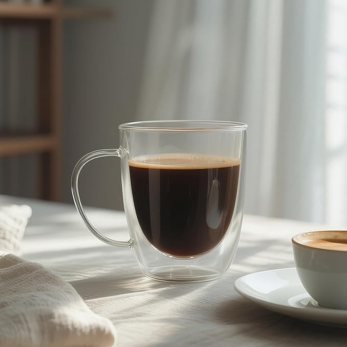 Large Double Wall Glass Coffee Mugs 18 oz, Clear Coffee Cup With Handle,Insulated Coffee Mugs Set of 2 With Spoons Perfect for Espresso, Cappuccino, Latte, American,Tea Bag, Beverage