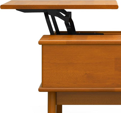 SIMPLIHOME Draper Lift Top Coffee Table - 48 inch Wide Solid Hardwood Mid-Century Modern Cocktail Table in Teak Brown, Functional Living Room Table with Storage Compartment, Open Shelf and Angled Legs
