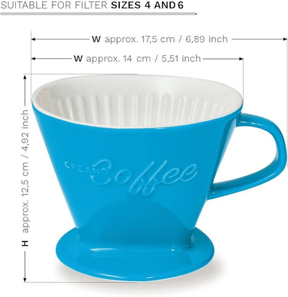 Creano XXL Porcelain Coffee Dripper Blue - Ceramic Cone Brewer - Pour Over Coffee Maker - Filter Size 4 - huge and heavy quality 800gr/28oz - 6 Colours availeble