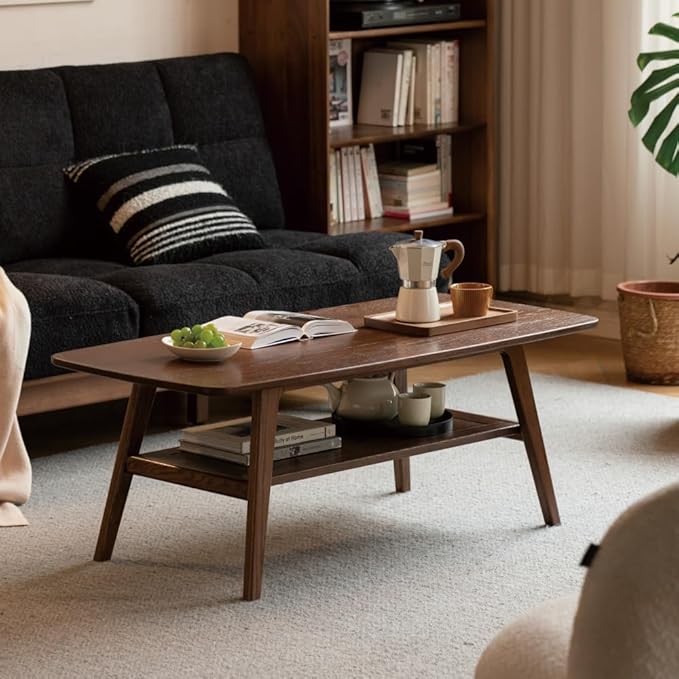 100% Solid Wood Coffee Table for Living Room, Mid Century Modern Small Tables with Shelf Storage, Storage Coffee Table with Rounded Corners (Oak Wood Walnut Color, 47.24" L)