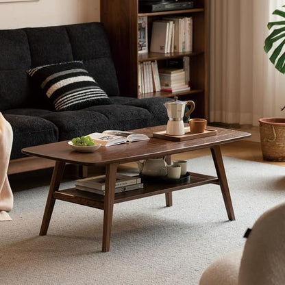 100% Solid Wood Coffee Table for Living Room, Mid Century Modern Small Tables with Shelf Storage, Storage Coffee Table with Rounded Corners (Oak Wood Walnut Color, 47.24" L)