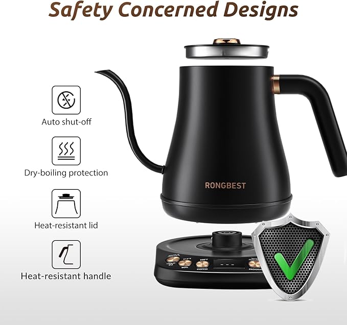 Electric Gooseneck Kettle, 1200W, 6 Temperature Settings, Stainless Steel Inner Lid & Bottom, 1L Quick Heating Pour Over Kettle for Coffee & Tea, Matte Black