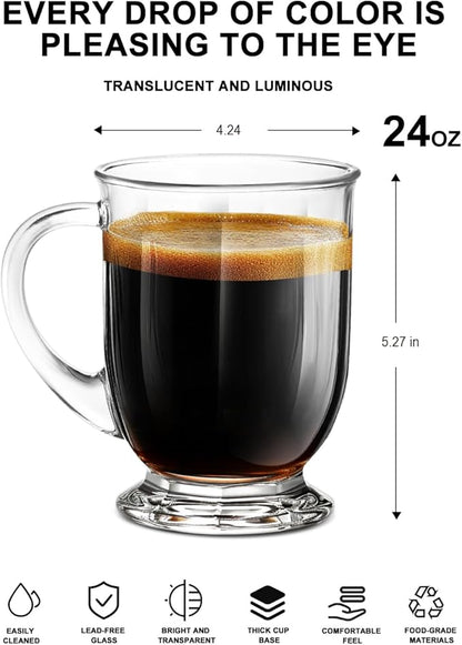 LUXU 24 OZ Glass Coffee Mugs (Set of 2), Large Clear Mugs With Handles for Hot and Cold Beverages, Durable for Tea, Cappuccino, Latte, Juice, Milk, Hot Chocolate, Beer