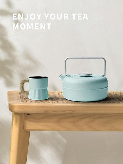 Toptier Teapot with Removable Infuser, Cast Iron Tea Kettle Stovetop Safe, Solid Geometry Cylinder Design Tea Pot Coated with Enameled Interior for 27 Ounce (800 ml), Babyblue