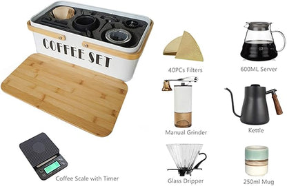 Pour Over Coffee Maker Set Coffee Kettle Scale Server Dripping Cup Bean Grinder Filter Paper Ceramic Cup ALL in 1 Great Portable Metal Box for Traveling Excellent Coffee Gift