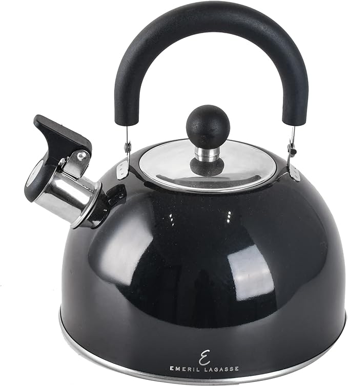 Emeril Lagasse 2.6 Quart/2.5 Liter Whistling Tea Kettle, Stainless Steel Tea Pot for Induction Stove Top, Fast to Boil Water for Home Kitchen Condo, with Ergonomic Cool Folding Grip Handle, Black