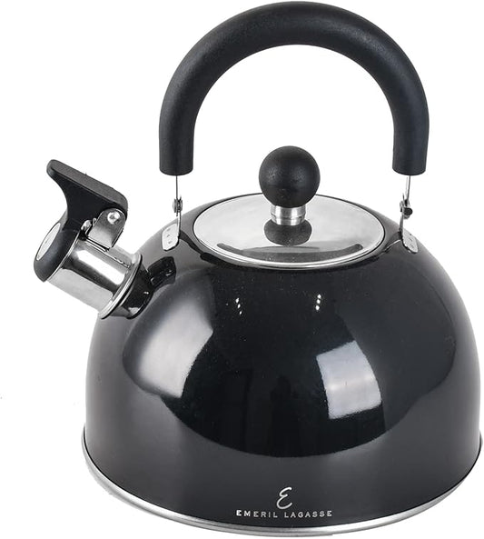 Emeril Lagasse 2.6 Quart/2.5 Liter Whistling Tea Kettle, Stainless Steel Tea Pot for Induction Stove Top, Fast to Boil Water for Home Kitchen Condo, with Ergonomic Cool Folding Grip Handle, Black