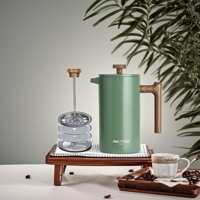 POLIVIAR French Press Coffee Maker, 34 oz Coffee Press with Real Wood Handle, Double Wall Insulation & Dual-Filter Screen, Food Grade Stainless Steel for Good Coffe and Tea (Flatland)