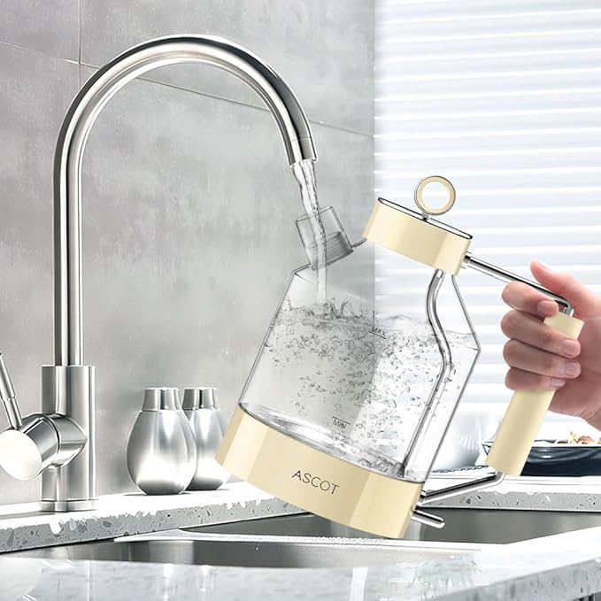 Electric Kettle, ASCOT Glass Electric Tea Kettle 1.5L 1500W Retro Tea Heater & Hot Water Boiler, No Plastic, BPA-Free, Cordless, with Auto Shut-Off and Boil-Dry Protection (Creme)