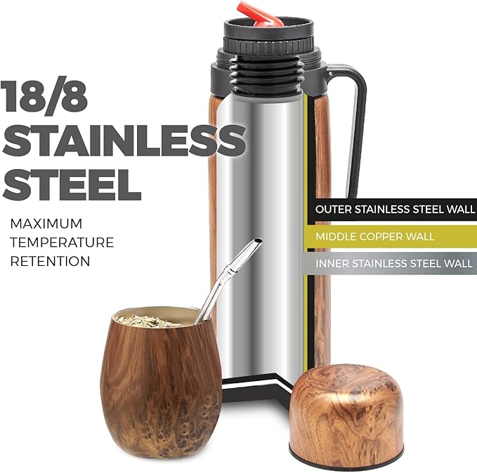 BALIBETOV Complete Yerba Mate Set - Modern Mate Gourd, Thermal Flask, Yerba Container, Bombilla and Cleaning Brush Included - All Premium Quality 304 18/8 Stainless Steel