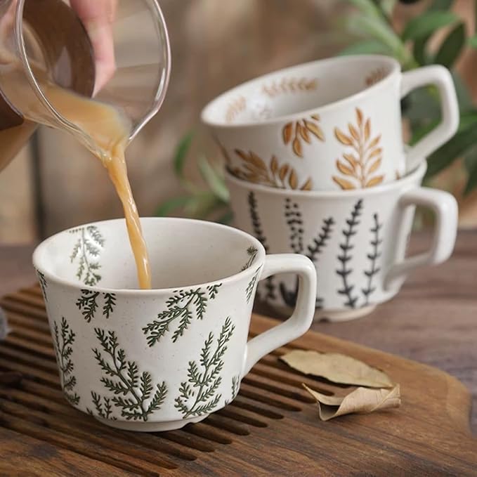 Ceramic Mug 1pcs, 11oz - Vintage Coffee Mug, Pottery Cups for Milk, Latte, Cappuccino, Tea - Porcelain Dishwasher, Microwave Safe Stoneware Green Leaf