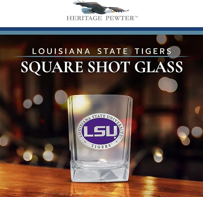 Heritage Pewter LSU Lousianna State University Square Shot Glass | Hand-Sculpted 1.5 Ounce Shot Glass | Intricately Crafted Metal Pewter Alma Mater Inlay