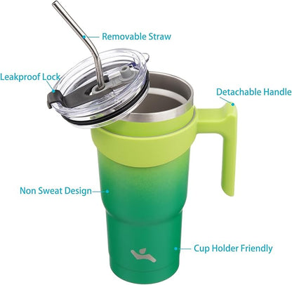 20 oz Tumbler with Handle and 2 Straw 2 Lid, Insulated Water Bottle Stainless Steel Vacuum Cup Reusable Travel Mug,Matcha Green