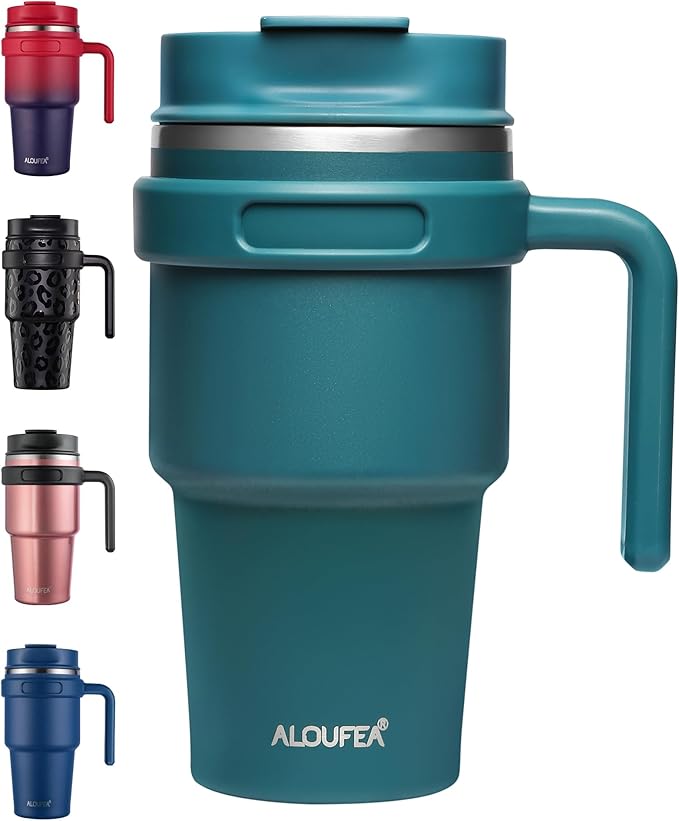 ALOUFEA 20 oz Insulated Coffee Mug Tumbler with Handle, Stainless Steel Travel Mug Tumbler with Lid and Straw,Double Wall Vacuum Leak Proof Ice Coffee Thermal Cup, Ocean Teal