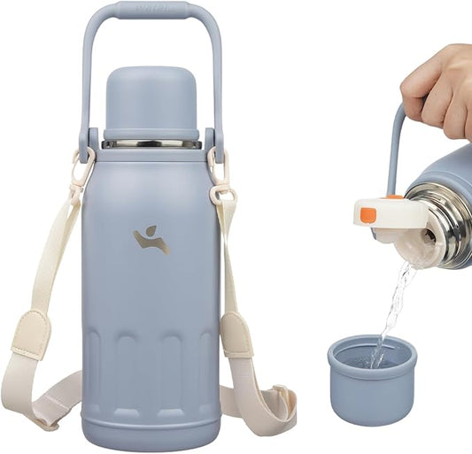 Insulated Water Bottle with Handle and Strap,Vacuum Travel Tumbler with Cup Lid,Thermo Coffee Cup for Hot Cold Drinks 40 OZ,Blue Haze