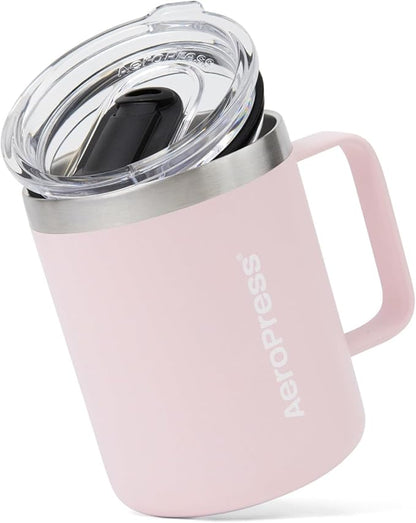 AeroPress Travel Coffee Mug with Handle, Double-Wall Vacuum Insulated Stainless Steel with Splash-Resistant Slider Lid, Compatible for Hot or Cold Drinks, Dishwasher Safe, 12 oz, Pink