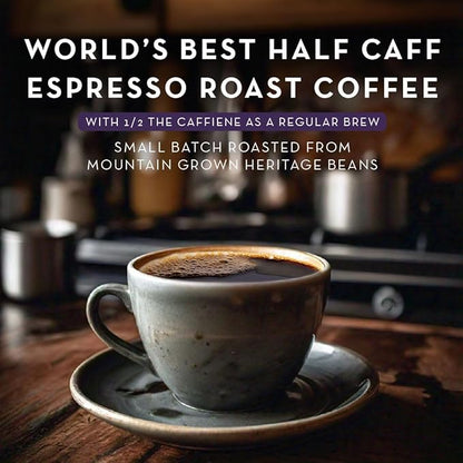 World's Best Half Caff Espresso Roast Coffee Pods, 18 ct, Dark Roast in Recyclable Single Serve Pods – 100% Arabica Coffee, Compatible with Keurig K Cups Maker