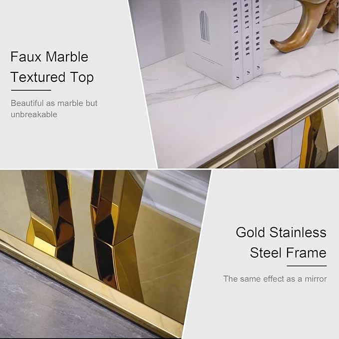 3 Piece Living Room Table Set, Luxury Coffee Table Set with White Top & Gold Diamond-Shaped Stainless Steel Frame, 1 Coffee Table + 1 Console Table + 1 End Table for Home Office