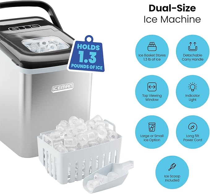 Iceman Dual-Size Countertop Ice Maker Machine, Portable, Creates 2 Cube Sizes in 6 Mins, Holds 1.3 lb. of Ice, Makes up to 26 lb in 24 Hours, Self-Cleaning Scoop Included, Stainless-Steel