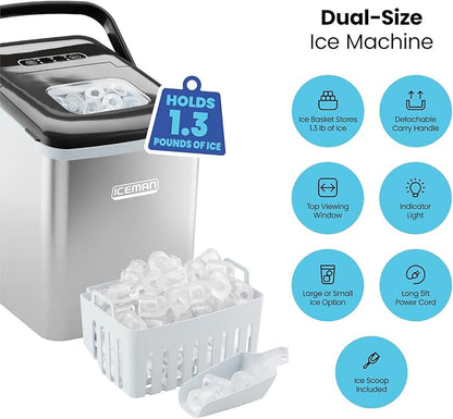 Iceman Dual-Size Countertop Ice Maker Machine, Portable, Creates 2 Cube Sizes in 6 Mins, Holds 1.3 lb. of Ice, Makes up to 26 lb in 24 Hours, Self-Cleaning Scoop Included, Stainless-Steel
