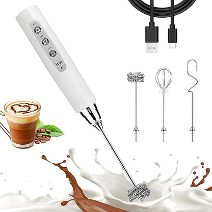 Nahida White Milk Frother Wand for Coffee, Frother Handheld Rechargeable Electric Whisk with 3 Heads 3 Speeds Drink Mixer Coffee Frother Foam Maker For Latte, Cappuccino, Hot Chocolate, Egg