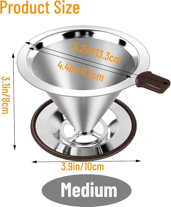 Reusable Paperless Coffee Filter V60,Coffee Dripper,Professional Stainless Steel Drip Cone Brew Coffee Strainer,Double Micro Mesh Filter,Coffee Filter Mug,Silicone Handle & Non-Slip Silicone Base (M)