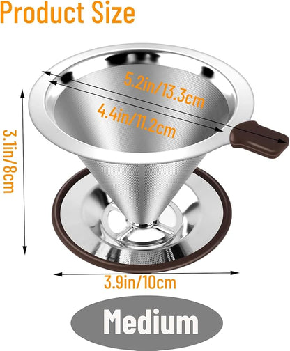 Reusable Paperless Coffee Filter V60,Coffee Dripper,Professional Stainless Steel Drip Cone Brew Coffee Strainer,Double Micro Mesh Filter,Coffee Filter Mug,Silicone Handle & Non-Slip Silicone Base (M)