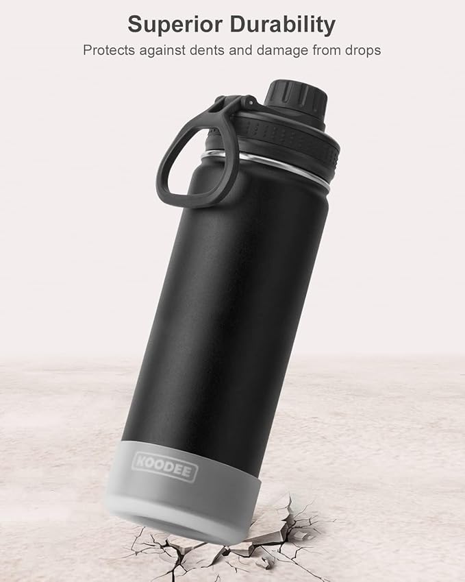 koodee 26 oz Insulated Water Bottle Stainless Steel Double Wall Vacuum Metal Sports Water Bottle with Leakproof Spout Lid, Wide Mouth Water Bottle (Black)