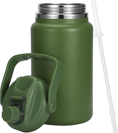 1 Gallon Thermosflask with Straw, 135oz Stainless Steel Insulated Water Bottle，4L Oversized Double Wall Vacuum Jug with Handle for Hot Cold Drinks, Wide mouth Icebuckets for Hiking Sports(Green)