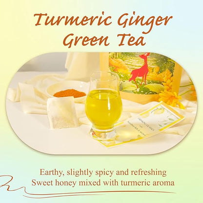 WT WEETEE Turmeric Ginger Green Tea Bags, 100 Count Made Turmeric, Ginger Root, Cinnamon and Honey Flavoring, Natural Caffeinated Spice Tea