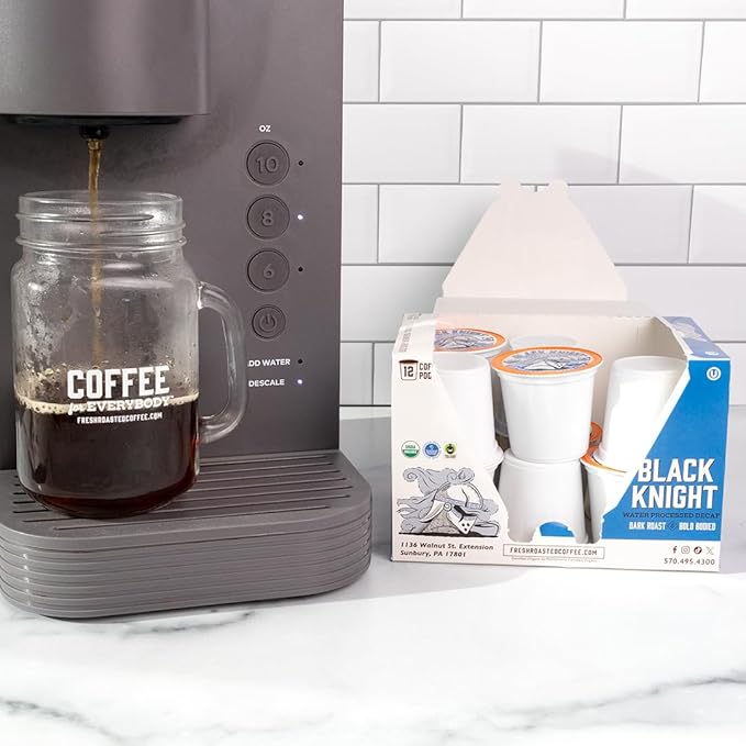 Fresh Roasted Coffee, Organic Black Knight Water-Processed Decaf | USDA Organic, Kosher | Dark Roast | 72 Pods for K Cup Brewers
