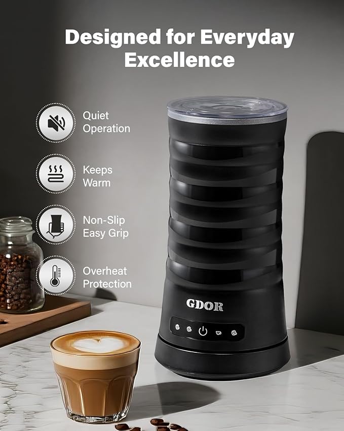 GDOR Milk Frother and Steamer, 4 in 1 Milk Steamer, 10oz Large Capacity, Cold Foam Maker, Hot Chocolate Maker, Frother for Coffee, Latte, Macchiato, Cappuccino, Black