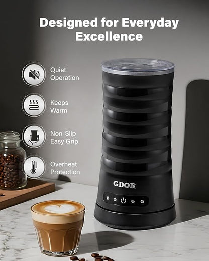 GDOR Milk Frother and Steamer, 4 in 1 Milk Steamer, 10oz Large Capacity, Cold Foam Maker, Hot Chocolate Maker, Frother for Coffee, Latte, Macchiato, Cappuccino, Black