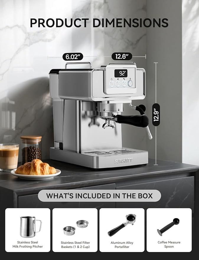 Espresso Machine 20 Bar, Stainless Steel Espresso Maker Professional Coffee Maker with Power Steam & LED Display for Home Barista, Americano, Latte, Cappuccino Machine, 1.8L Water Tank