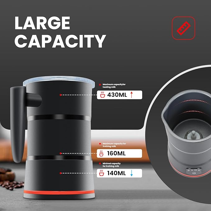 4 in 1 Electric Milk Frother, Steamer with Warming function, Automatic Hot and Cold Milk Frother, Coffee Frother, Latte, Hot Chocolate, Macchiato, Cappuccino (Black)