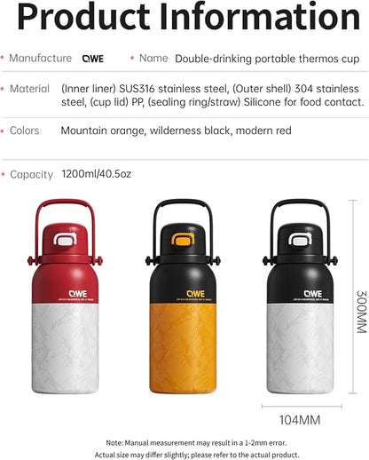 QWE Large Insulated Water Bottle with Straw&Lids,1200ml/40oz Vacuum Sealed Sport Bottles,Double Drinking,Stainless Steel Tumbler with Handle,LeakProof,BPA-Free,for Hiking,Gym,camp (Wilderness Black)