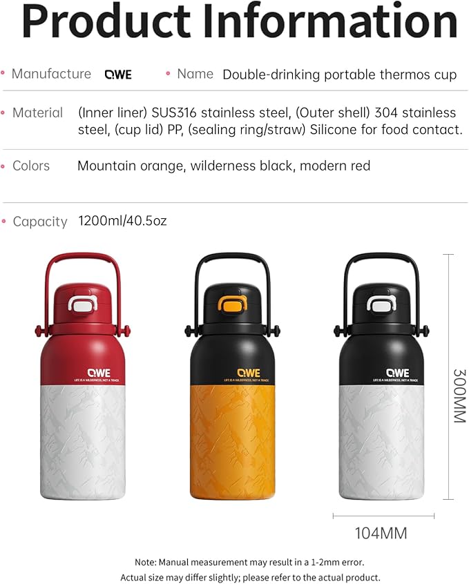 QWE Large Insulated Water Bottle with Straw&Lids,1200ml/40oz Vacuum Sealed Sport Bottles,Double Drinking,Stainless Steel Tumbler with Handle,LeakProof,BPA-Free,for Hiking,Gym,camp (Mountain Orange)