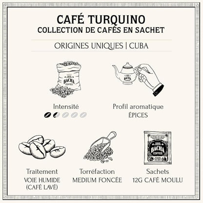 Bacha Coffee | Turquino Cuba Single Origin, 100% Arabica Specialty Coffee Beans, Medium Dark Roast, x12 Individually Wrapped Single Serve Filter Bags