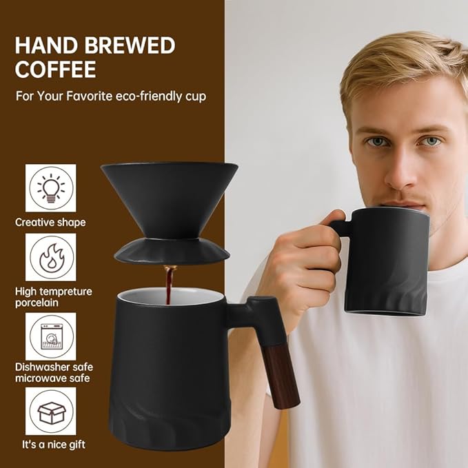 Pour Over Coffee Maker Set, Ceramic Pour Over Coffee Dripper 15.5oz/450 ml with 25 Pcs V60 Paper Filter, Coffee Pour Over Set for Camping, Black
