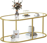Load image into Gallery viewer, Coffee Table Gold Glass Coffee Table for Living Room,2 Tiers Oval Center Table with Sturdy Metal Frame,Modern Tempered Glass Accent Table for Bedroom Home Office