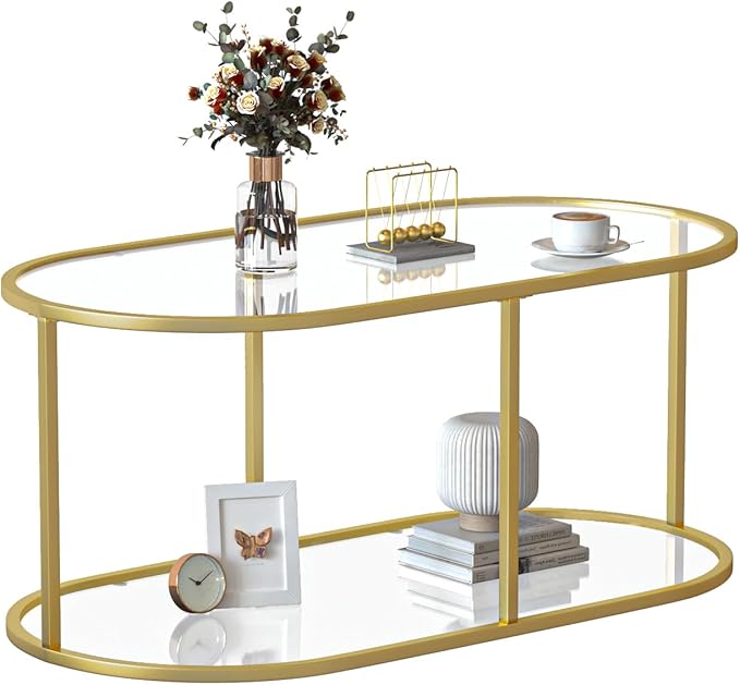 Coffee Table Gold Glass Coffee Table for Living Room,2 Tiers Oval Center Table with Sturdy Metal Frame,Modern Tempered Glass Accent Table for Bedroom Home Office