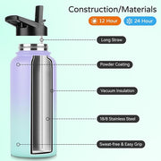 DOMICARE 40 oz Insulated Water Bottle Bulk, Vacuum Insulated Stainless Steel Sports Water Bottle with Straw Lid & Spout Lid, Leakproof, Reusable - Travel, Camping, Bike, Purple Green Gradient(4 Pack)