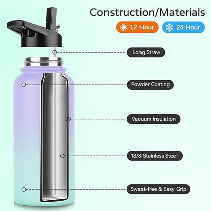 DOMICARE 32 oz Insulated Water Bottle, Vacuum Insulated Stainless Steel Sports Water Bottle with Straw Lid & Spout Lid, Leakproof, Reusable - Travel, Camping, Bike, Purple Green Gradient