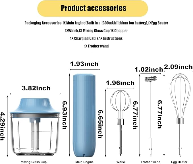 4-in-1 Electric Hand Mixer, Electric Whisk, Mini Onion Chopper 10Oz, Small Cordless Hand Blender, Milk Frother Wand for Coffee, Matcha, 4 Speed Rechargeable Food Processor for Baby Food Maker
