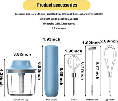 4-in-1 Electric Hand Mixer, Electric Whisk, Mini Onion Chopper 10Oz, Small Cordless Hand Blender, Milk Frother Wand for Coffee, Matcha, 4 Speed Rechargeable Food Processor for Baby Food Maker