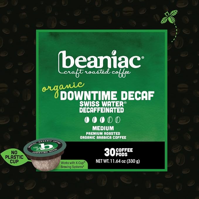 beaniac Organic Downtime Decaf Swiss Water Decaffeinated, Medium Roast, Single Serve Compostable K Cup Coffee Pods, Organic Arabica Coffee, Keurig Brewer Compatible, 30 Count