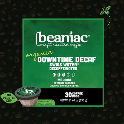 beaniac Organic Downtime Decaf Swiss Water Decaffeinated, Medium Roast, Single Serve Compostable K Cup Coffee Pods, Organic Arabica Coffee, Keurig Brewer Compatible, 30 Count